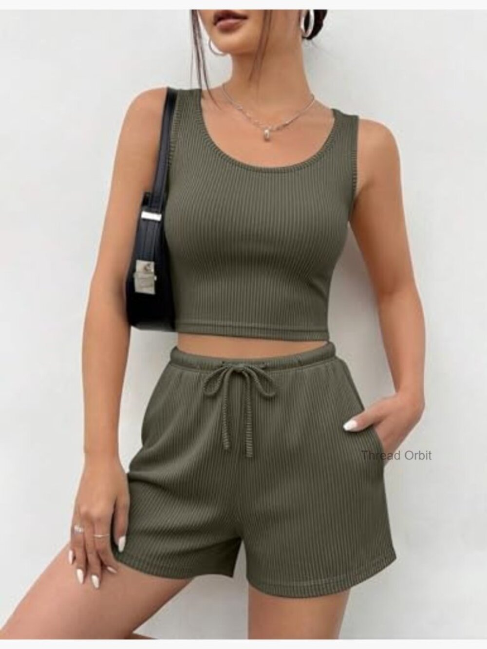 3 Piece Lounge Set Crop Top Shorts & Pants Set - Picture 3 of 7